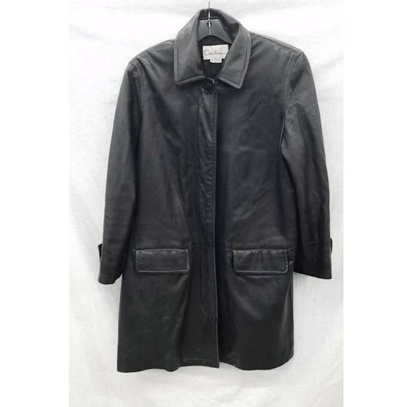 Carina New York Women’s Black Collared Button Long Leather Coat Size Medium - Picture 2 of 16